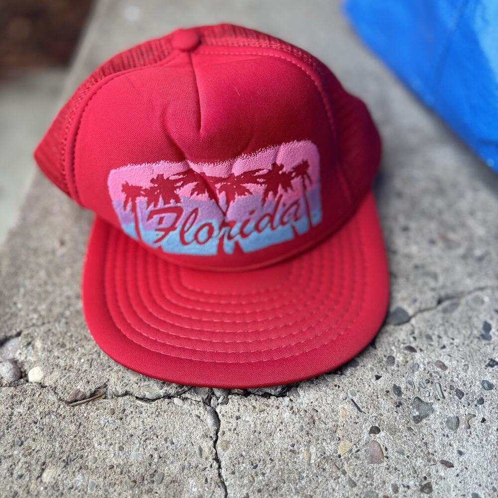 Vintage Florida Trucker Hat Snapback Cap Mesh Flamingo Pink Red‎ Retro Beach